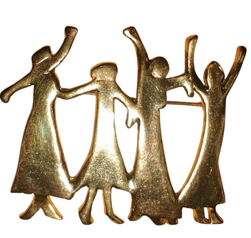 Vintage Pat V Dancing Ladies Celebration of Women Brooch Gold Tone 2"